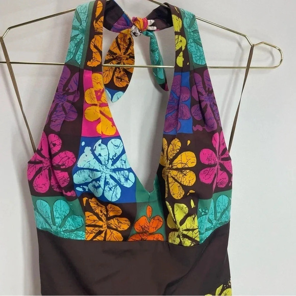 Trina Turk Retro Halter Style Brown Floral Mini Dress - Picture 2 of 7